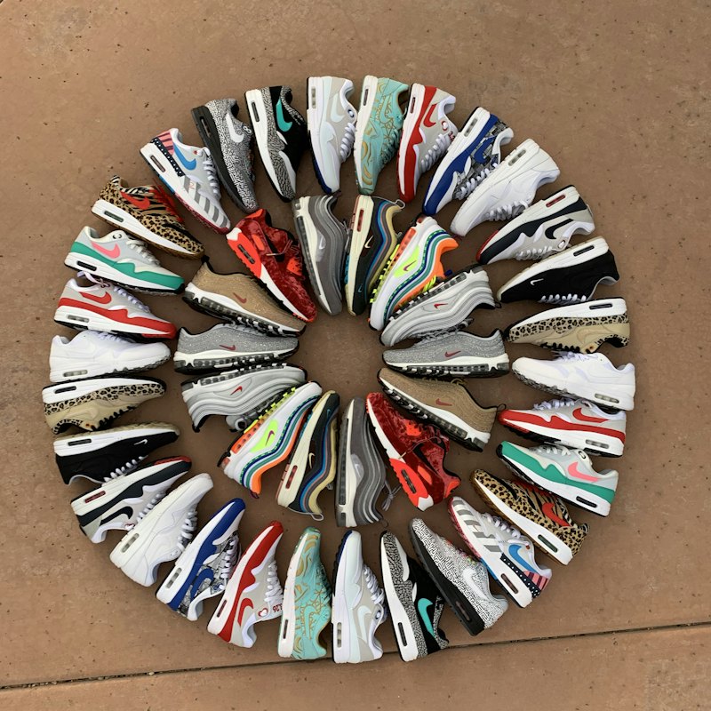 Dozens of sneakers arranged in a circle
