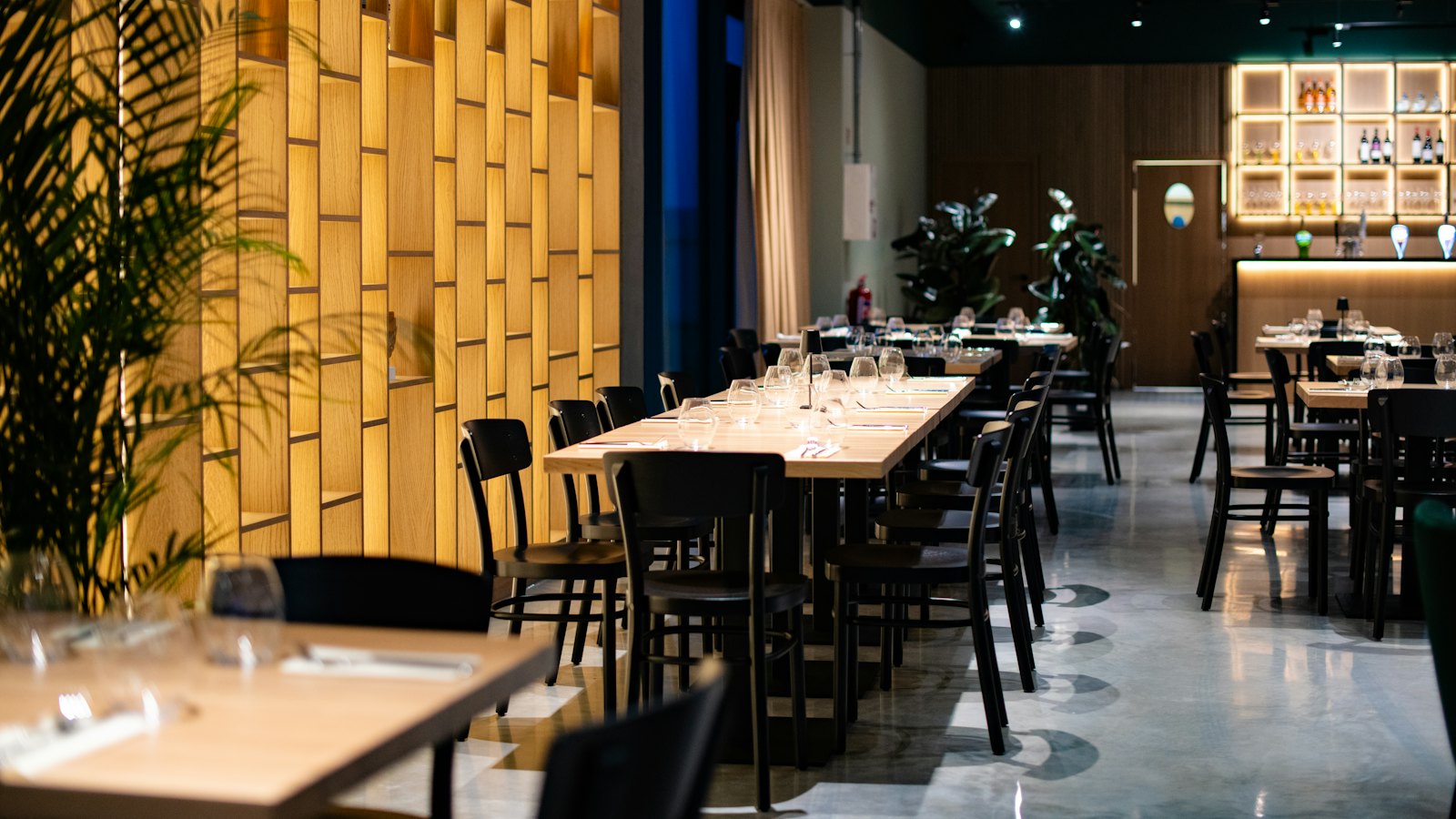 Restaurant interior with rows of tables