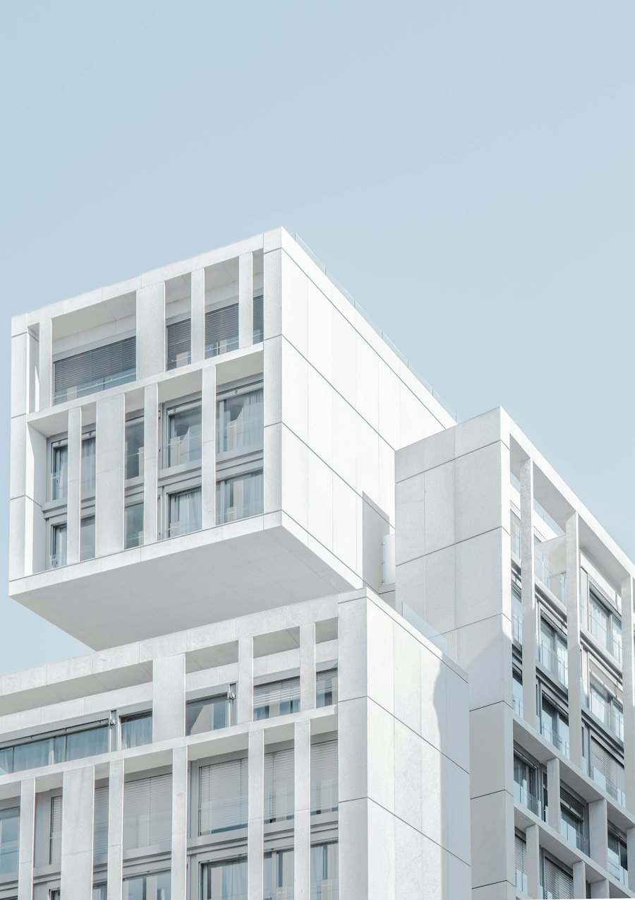 White modular apartment building in bright light