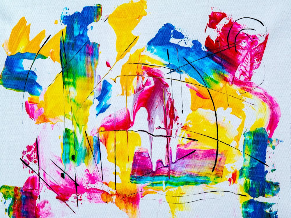 Abstract painting in warm reds and blues