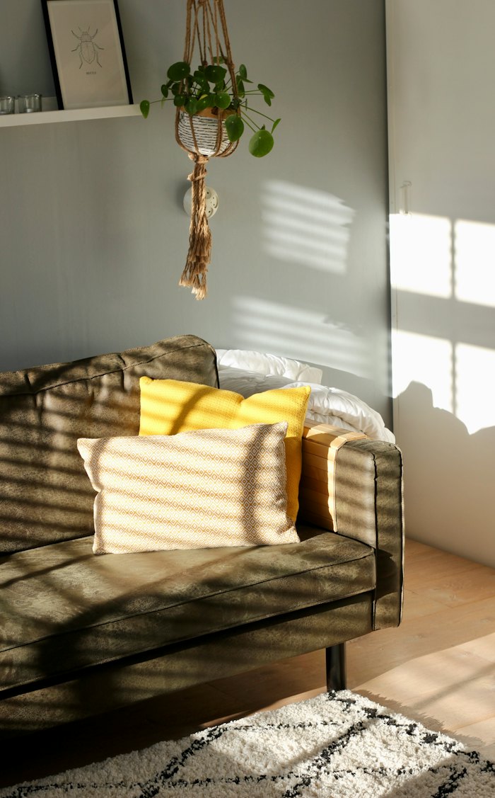 Sofa in a sunlit room with window shadows