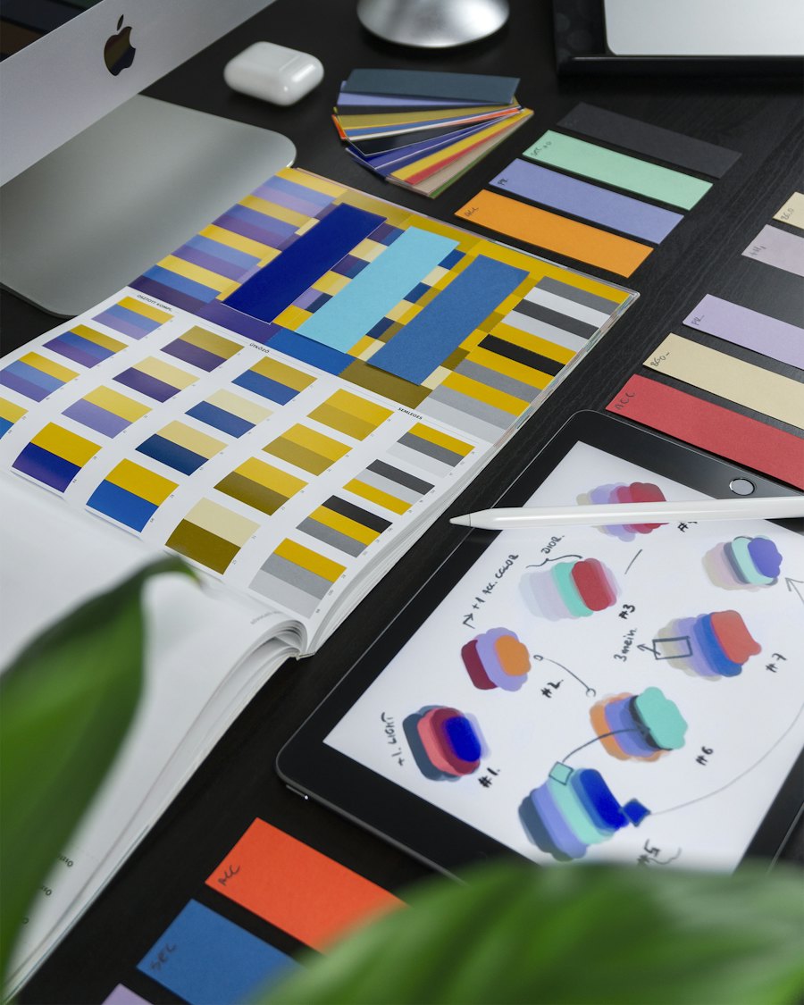 Color swatches and design materials on a desk