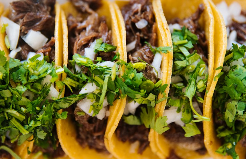 Row of crispy tacos topped with onion and cilantro